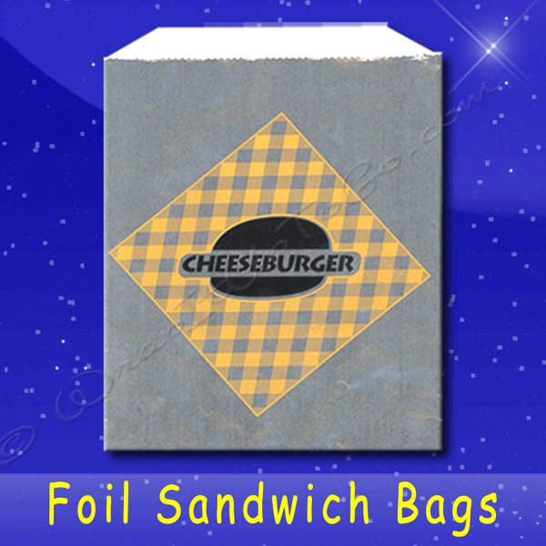 Fischer Paper Products 802 Foil Sandwich Bags 6 x 3/4 x 6-1/2 Printed Cheeseburger